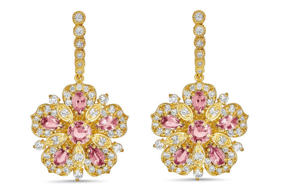 Large Jasmine Bloom Drop Earrings with Pink Sapphire & Diamonds