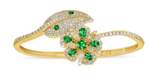 Large Jasmine Bloom Bypass Leaf Bangle with Emeralds & Diamonds