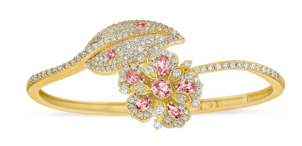 Large Jasmine Bloom Bypass Leaf Bangle with Pink Sapphires & Diamonds