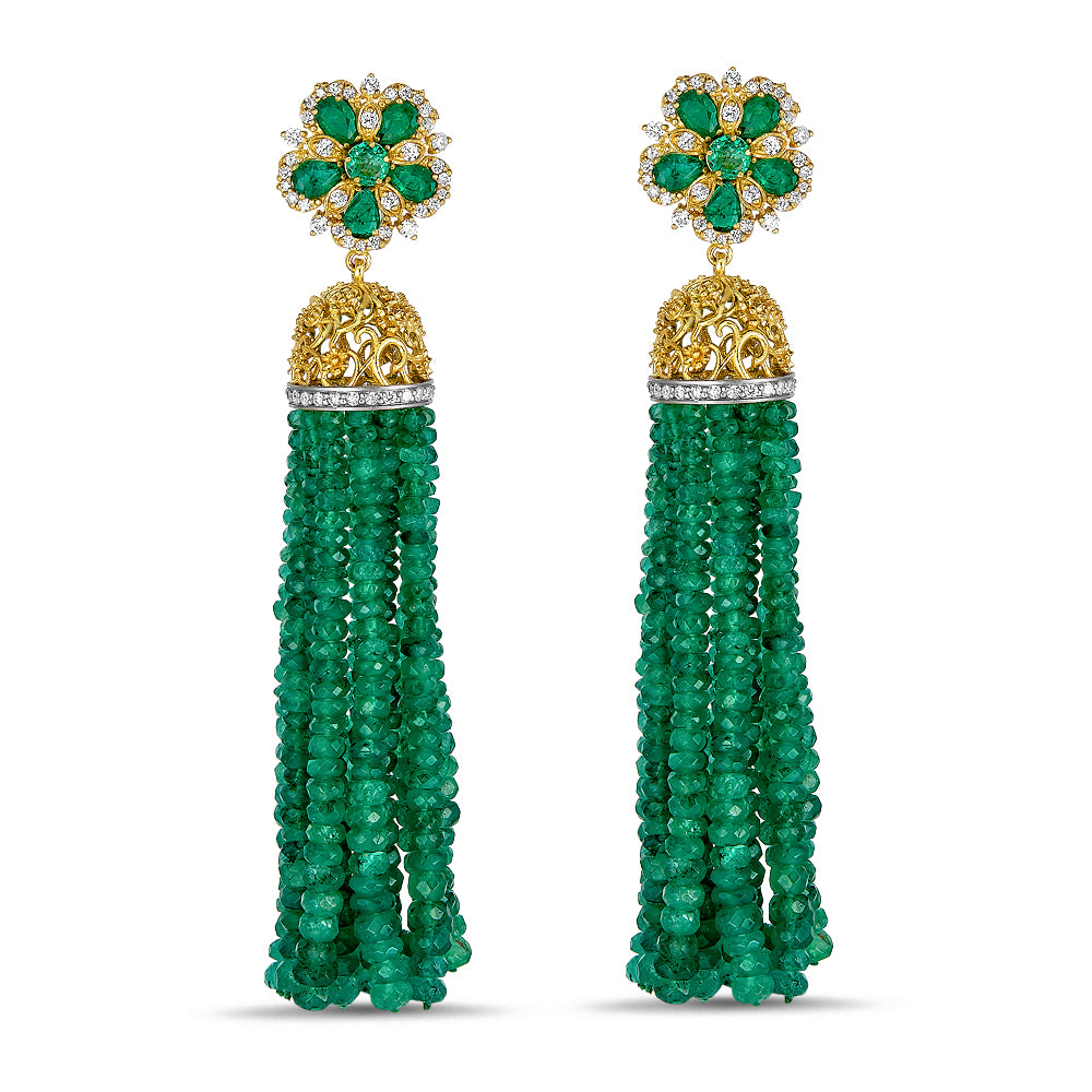 Jasmine Bloom Tassel Earrings with Emeralds & Diamonds