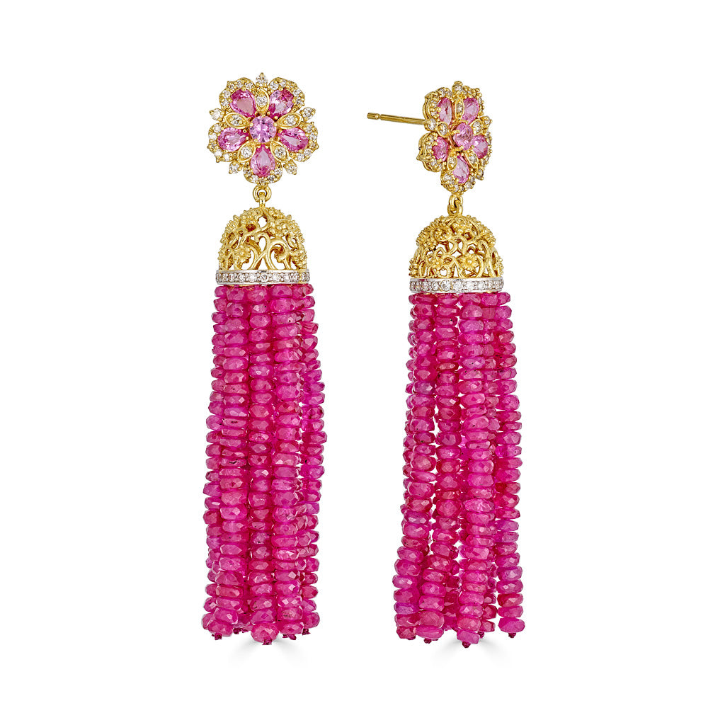 Jasmine Bloom Tassel Earrings with Pink Sapphires & Diamonds