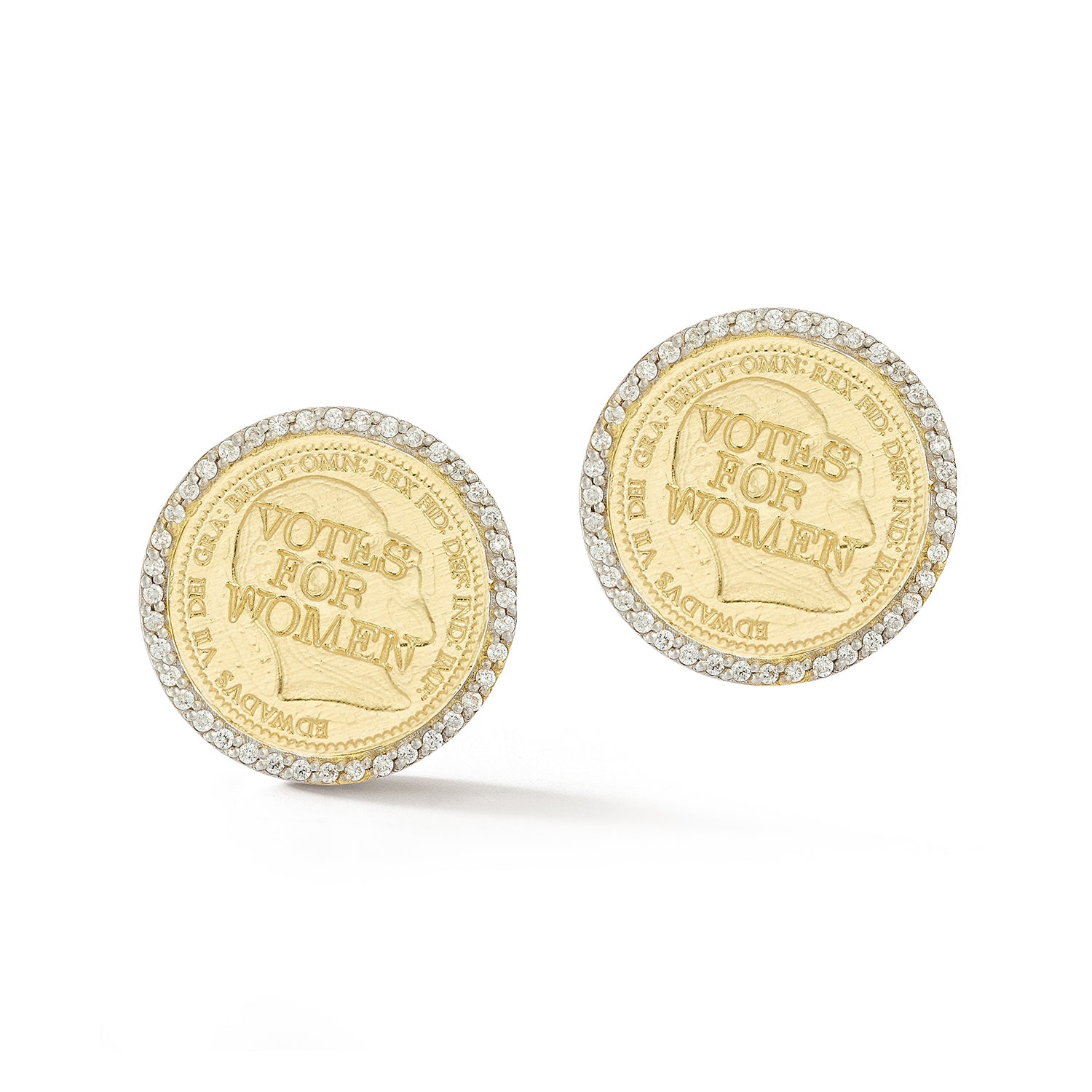 Suffragette Coin Diamond Halo Stud Earrings