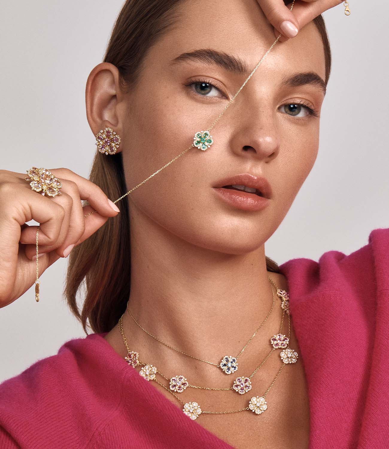 Small Jasmine Bloom 5 Station Necklace with Diamonds