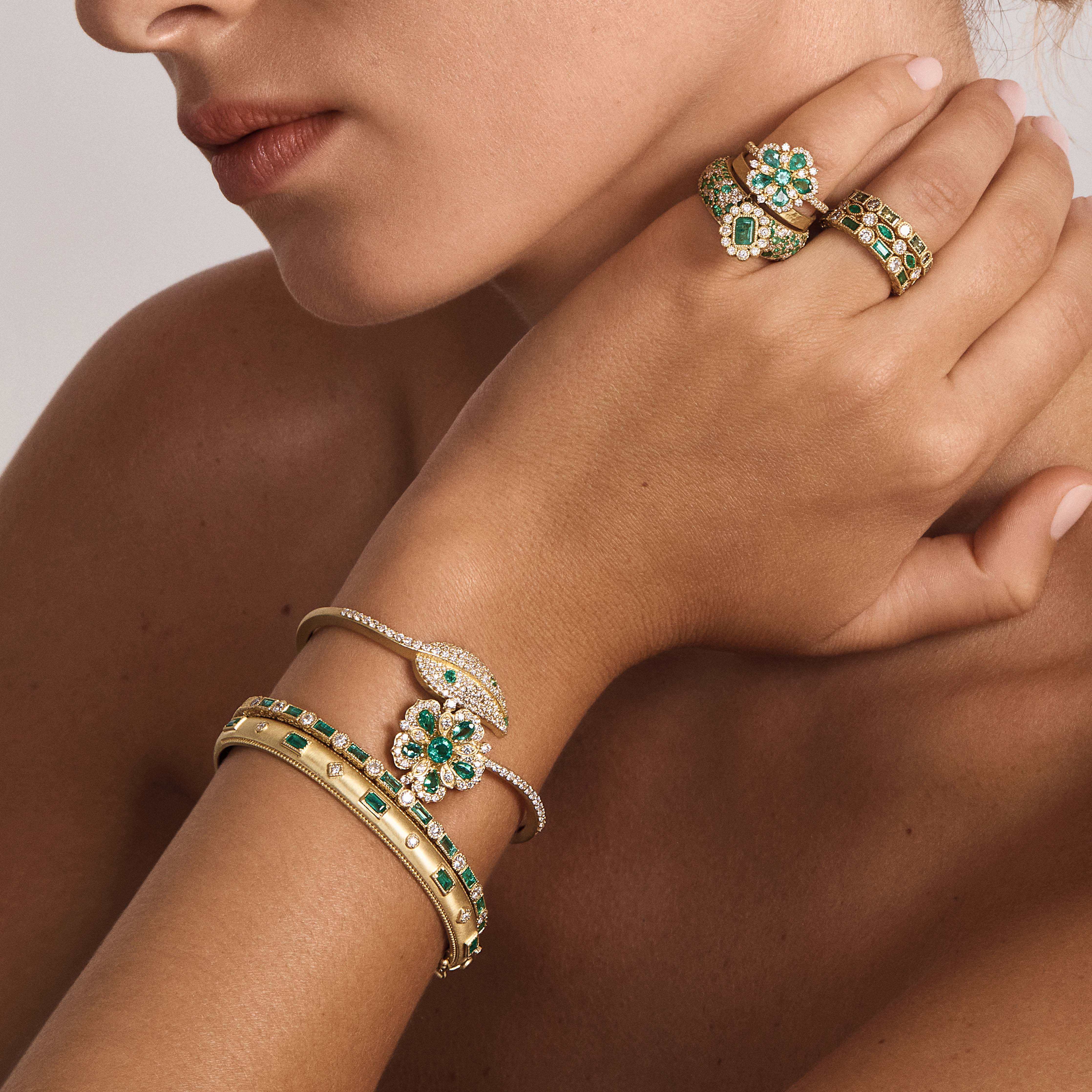 Large Jasmine Bloom Bypass Leaf Bangle with Emeralds & Diamonds