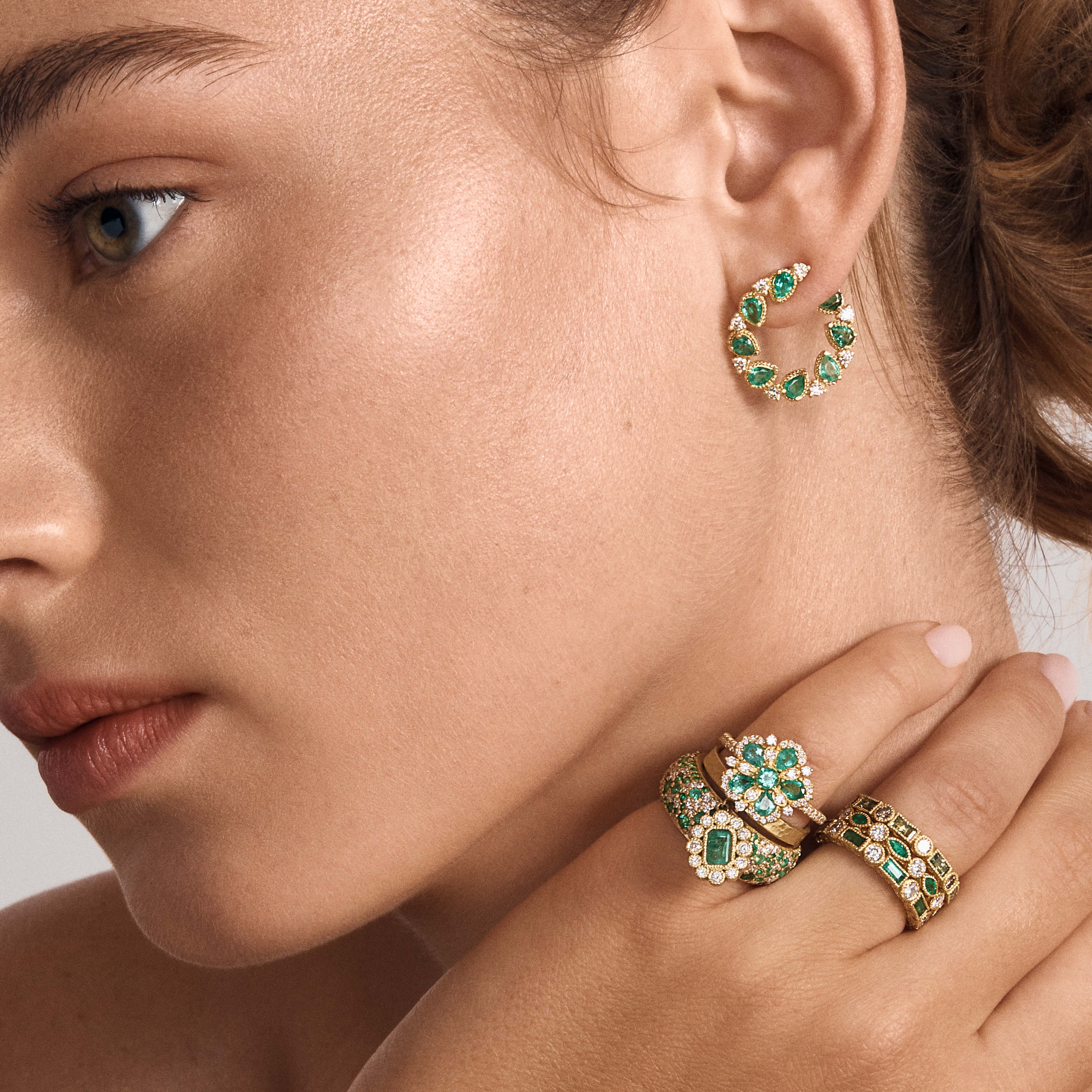 Small Jasmine Bloom Bypass Hoops with Emeralds & Diamonds