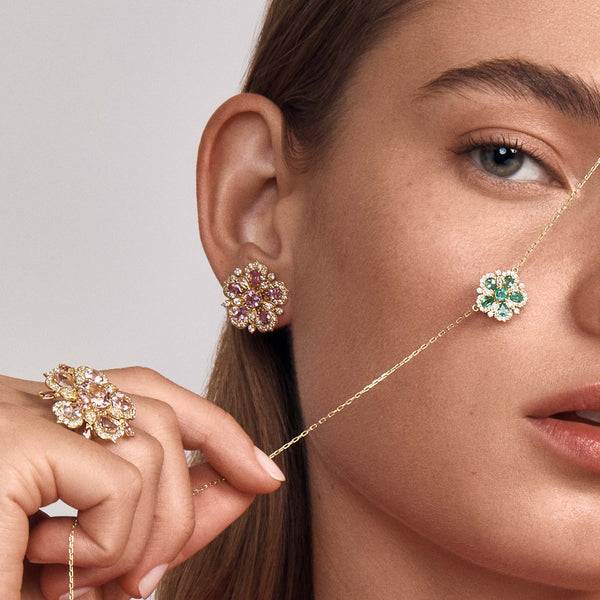 Large Jasmine Bloom Earrings with Emeralds & Diamonds