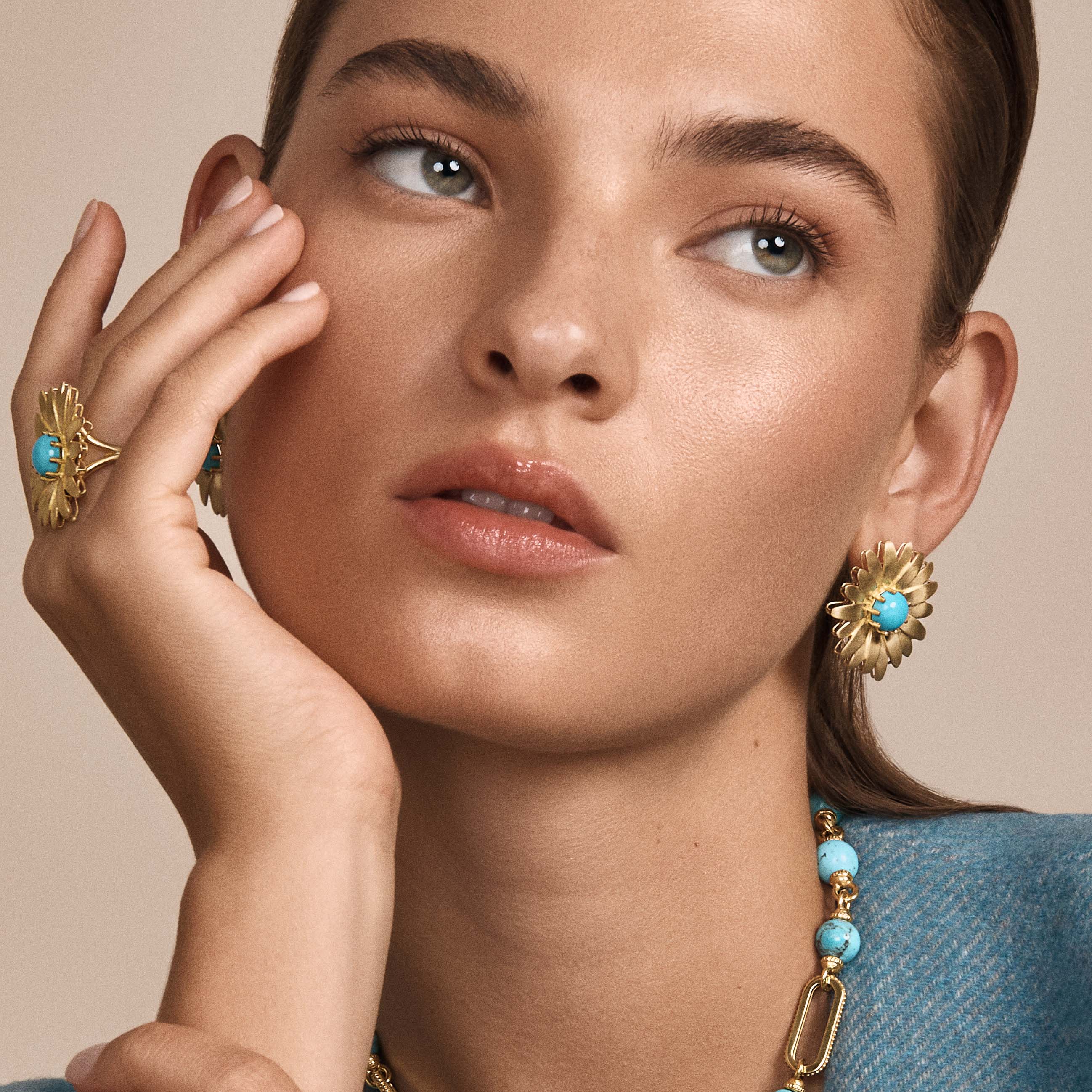 Large Gold Daisy Earrings with Turquoise