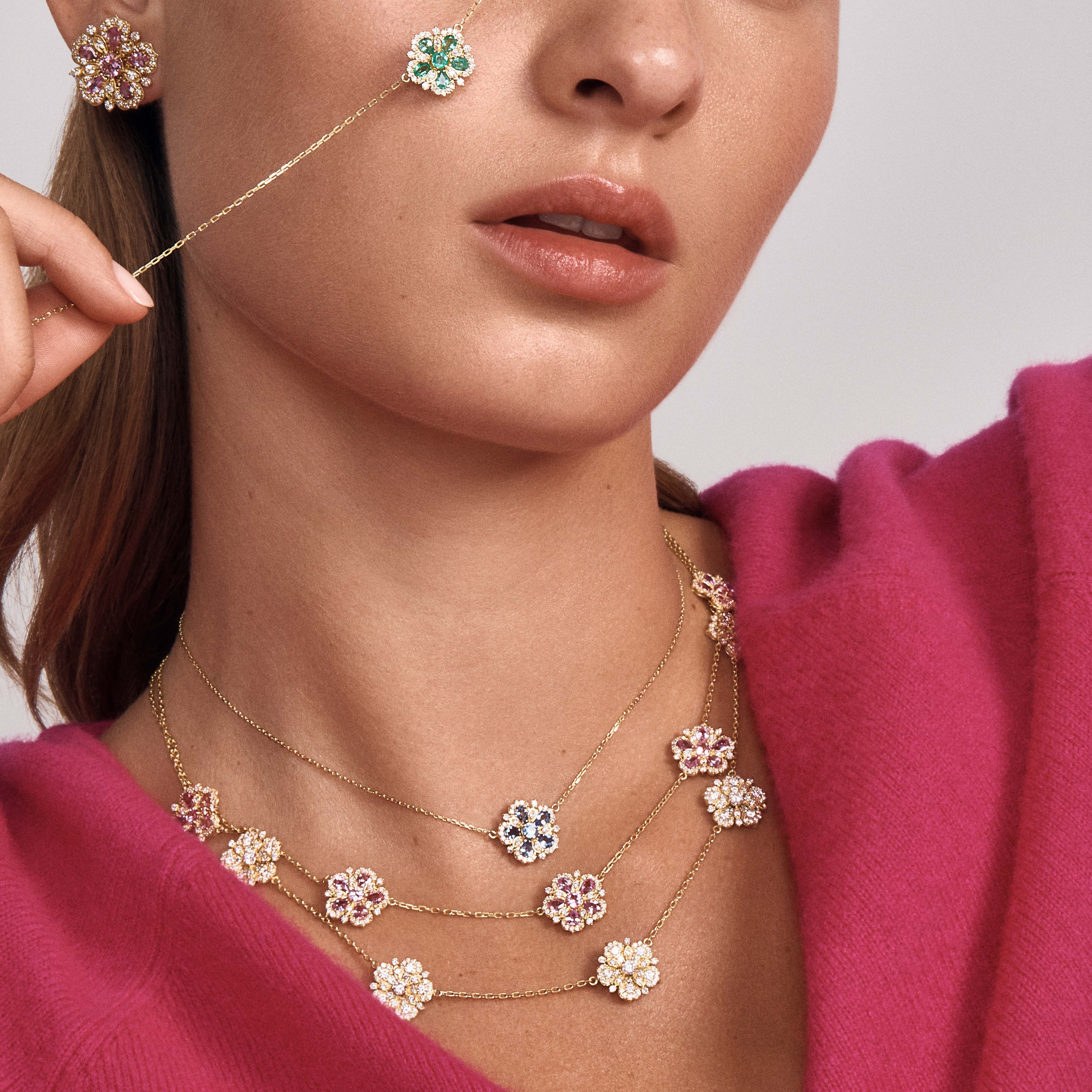 Small Jasmine Bloom Station Necklace with Ceylon Sapphires & Diamonds