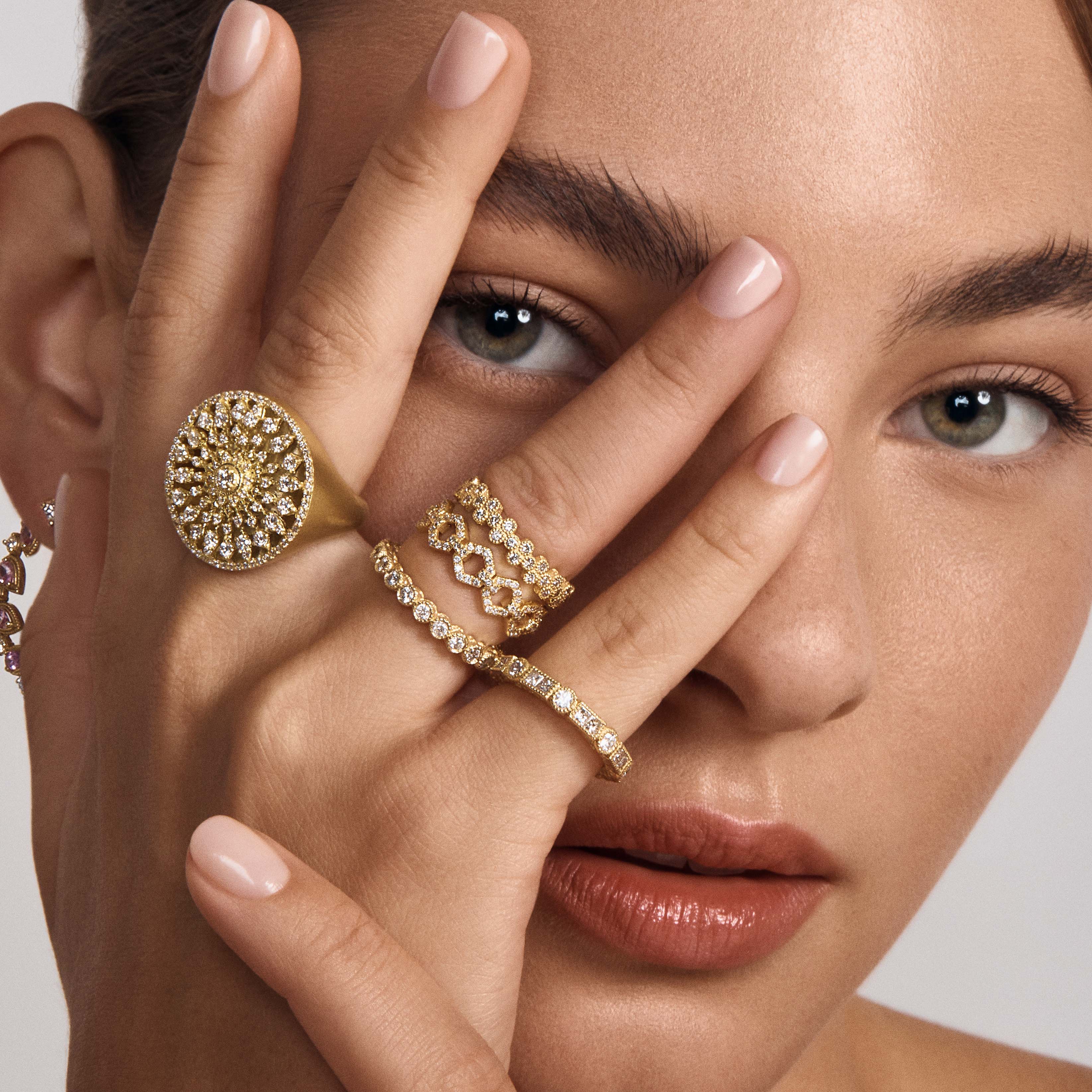 Baguette Pink Sapphire & Round Diamond Bezel Stack Ring