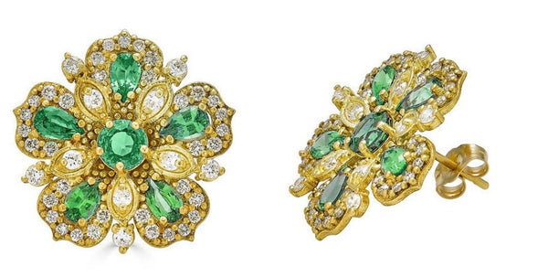 Large Jasmine Bloom Earrings with Emeralds & Diamonds