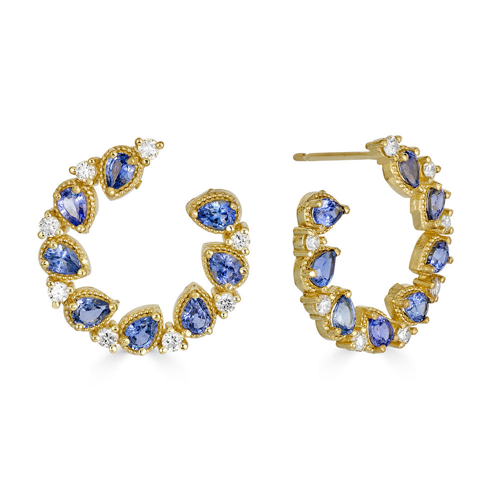 Small Jasmine Bloom Bypass Hoops with Ceylon Sapphires & Diamonds