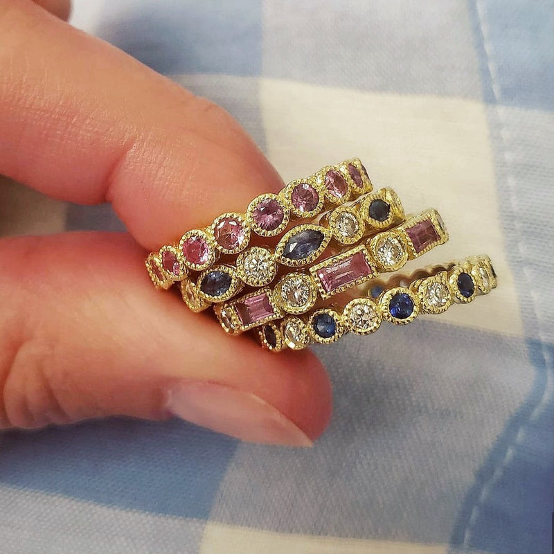 Pink Sapphire Baguette & Diamond Bezel Stack Ring