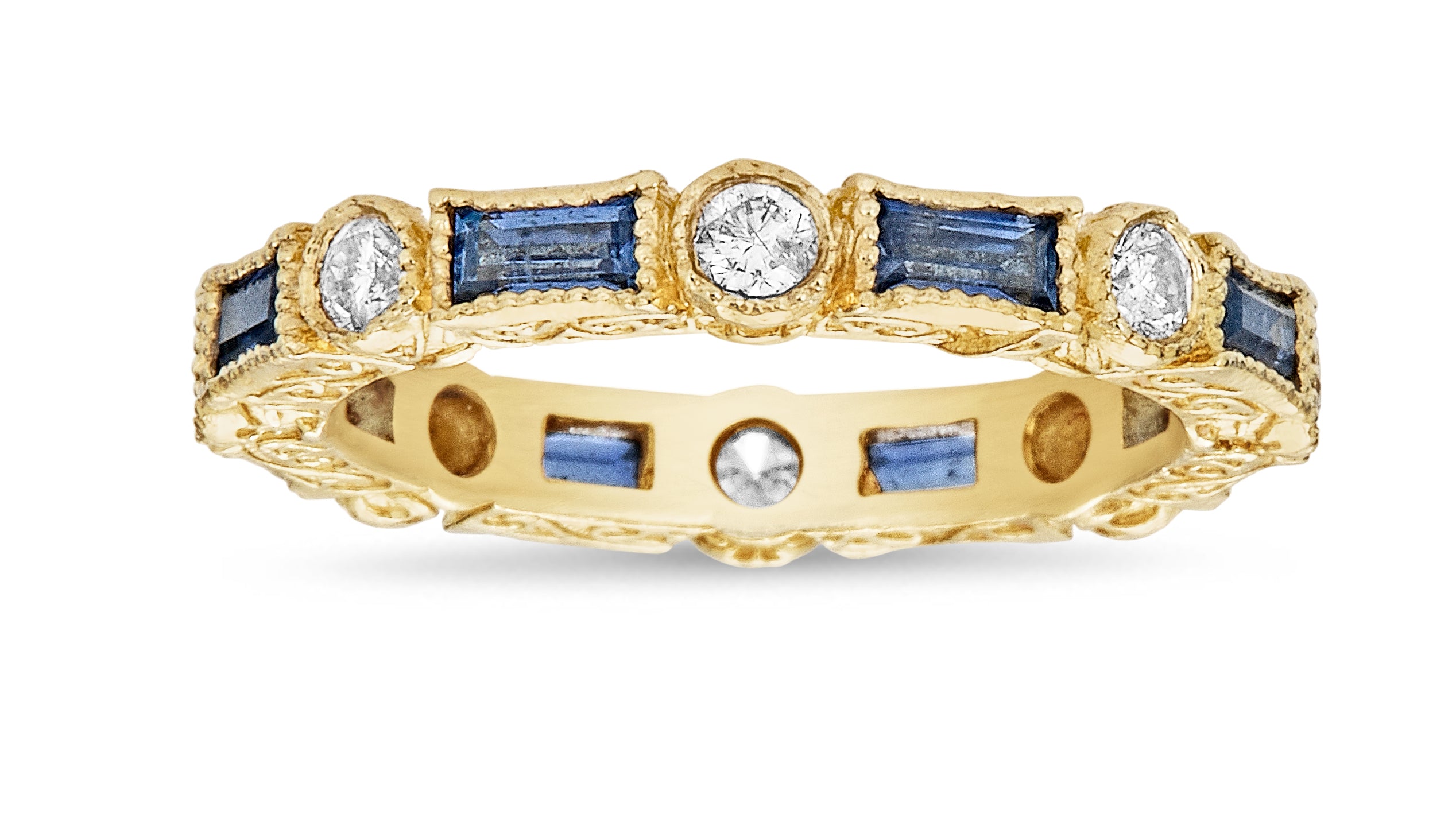 Baguette Blue Sapphire & Round Diamond Bezel Stack Ring