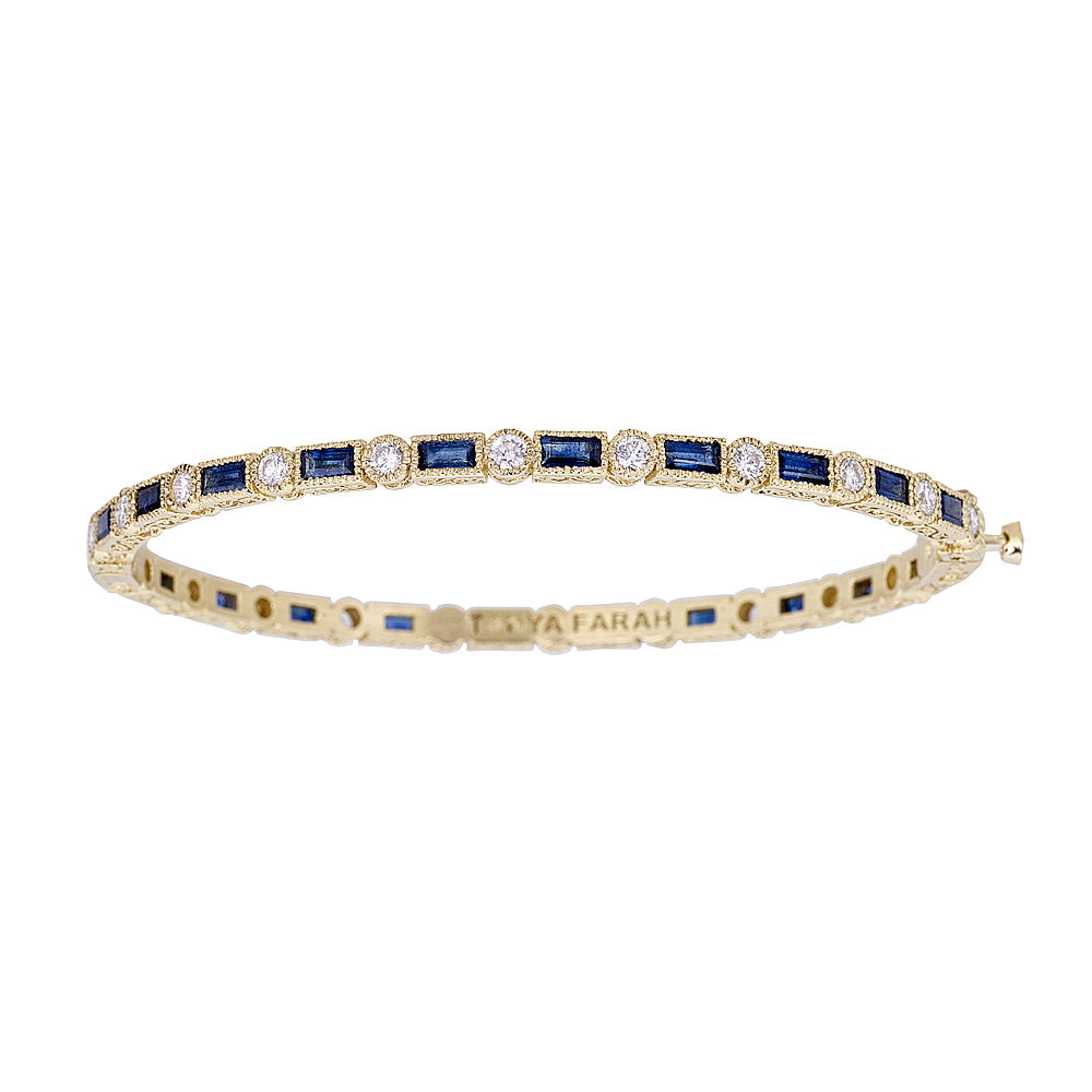 Blue Sapphire Baguette & White Diamond Bezel Eternity Bangle