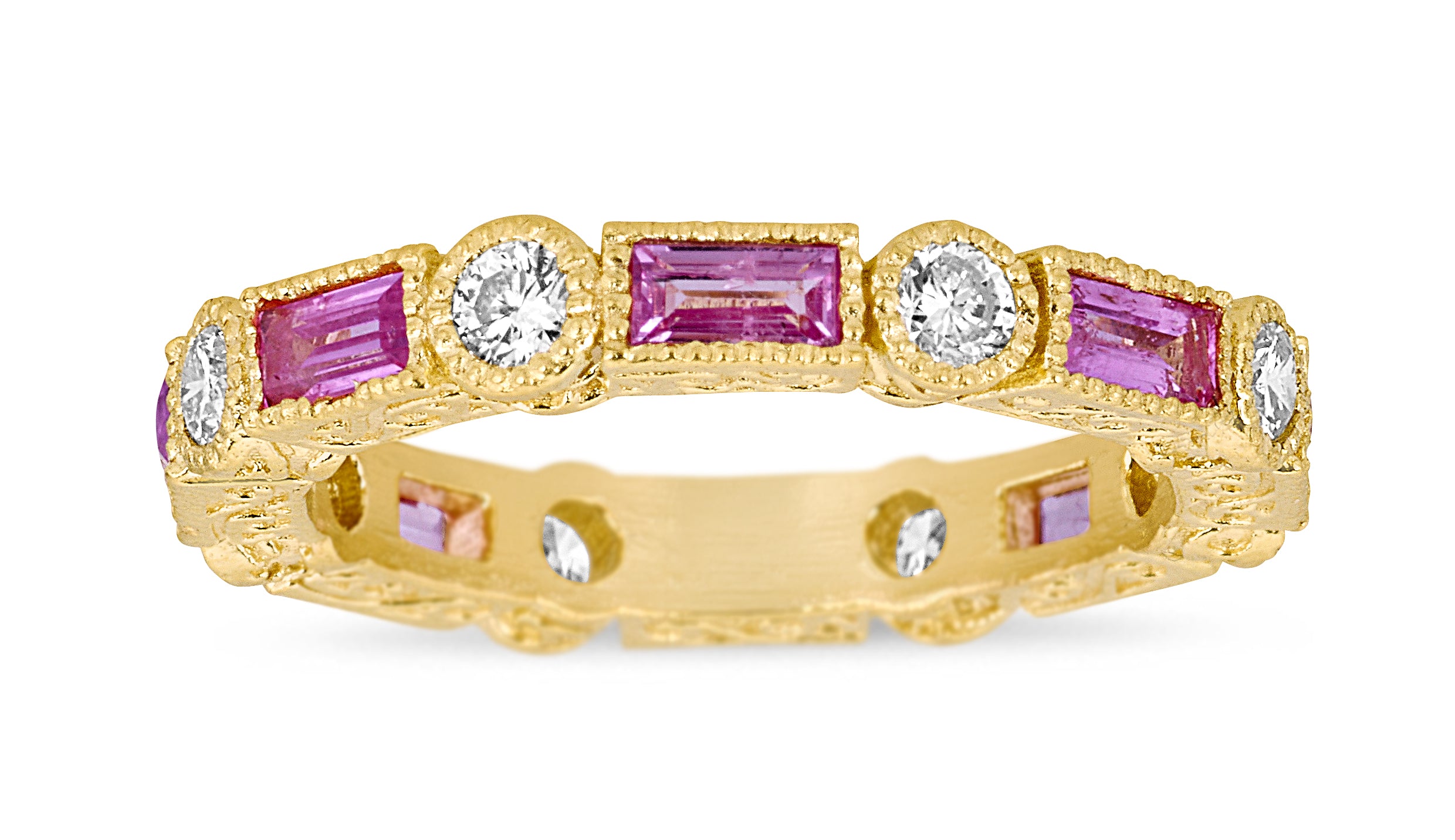 Baguette Pink Sapphire & Round Diamond Bezel Stack Ring