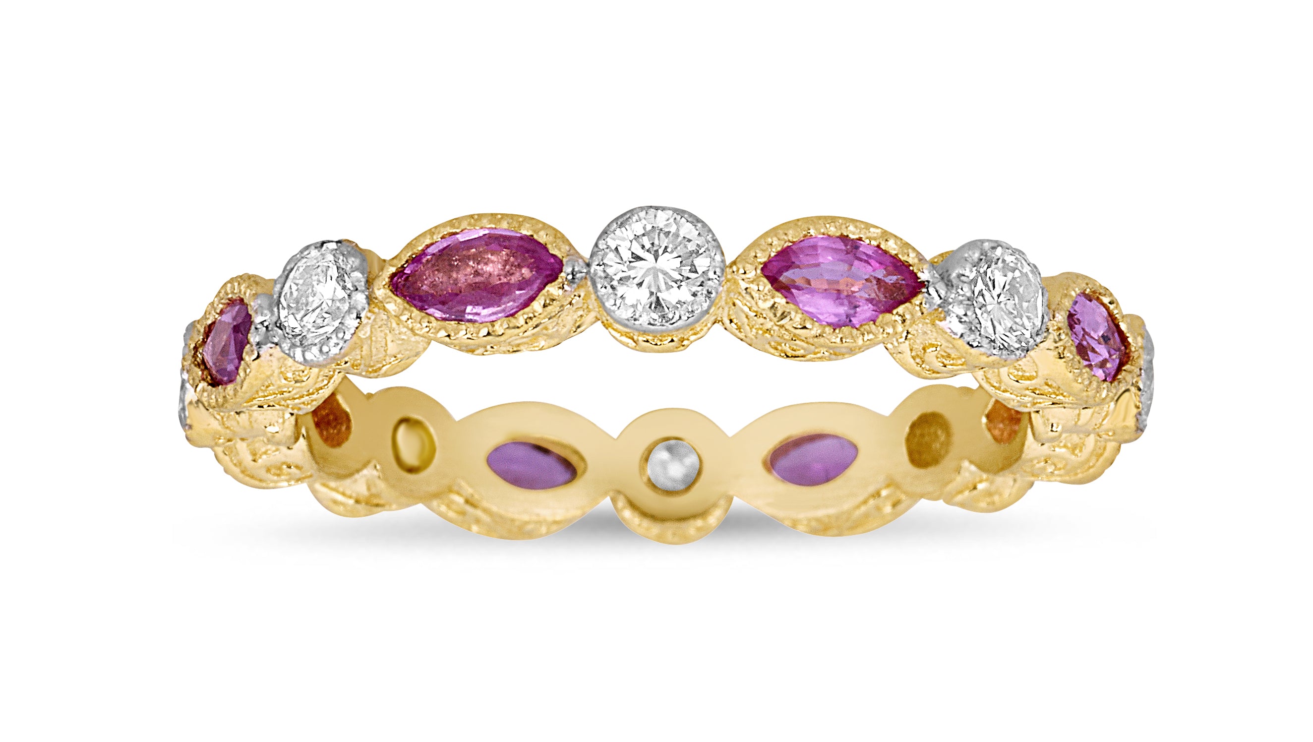 Marquise Pink Sapphire & Round Diamond Bezel Stack Ring