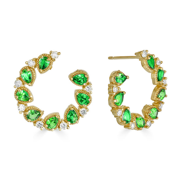 Small Jasmine Bloom Bypass Hoops with Emeralds & Diamonds