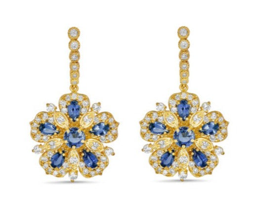 Large Jasmine Bloom Drop Earrings with Ceylon Sapphire & Diamonds