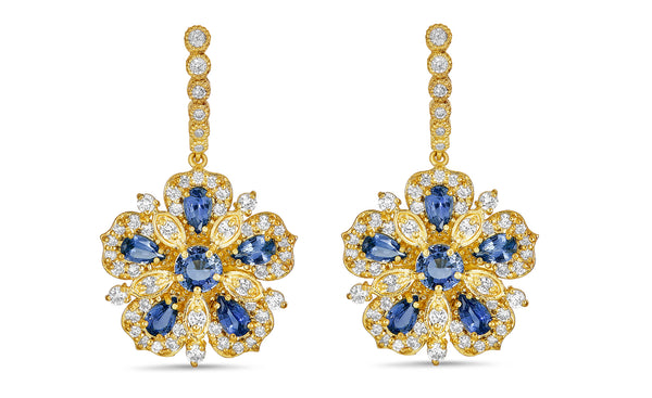 Large Jasmine Bloom Drop Earrings with Ceylon Sapphire & Diamonds
