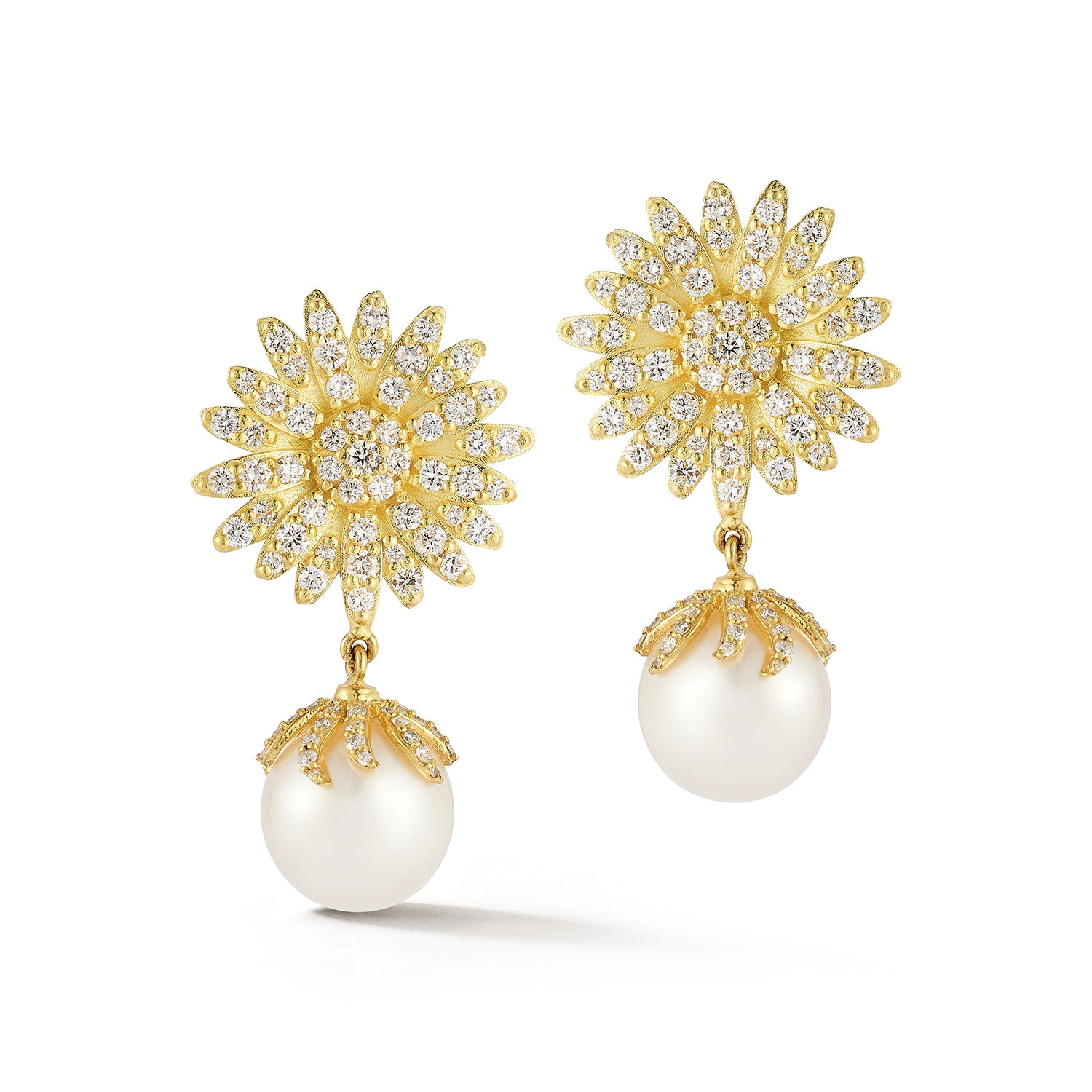 South Sea Pearl Drop Daisy Earrings with Diamonds