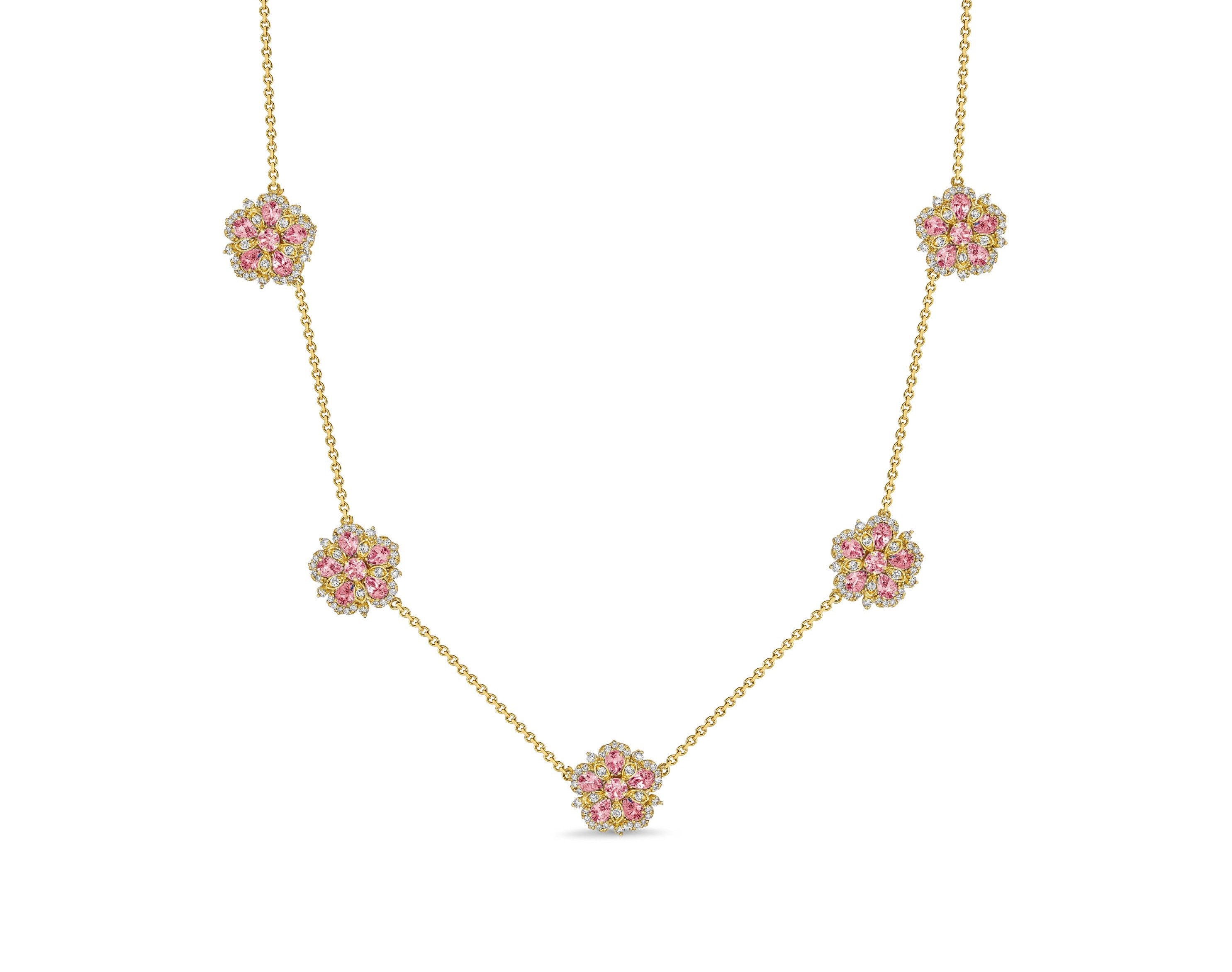 Small Jasmine Bloom Station Necklace with Pink Sapphires & Diamonds