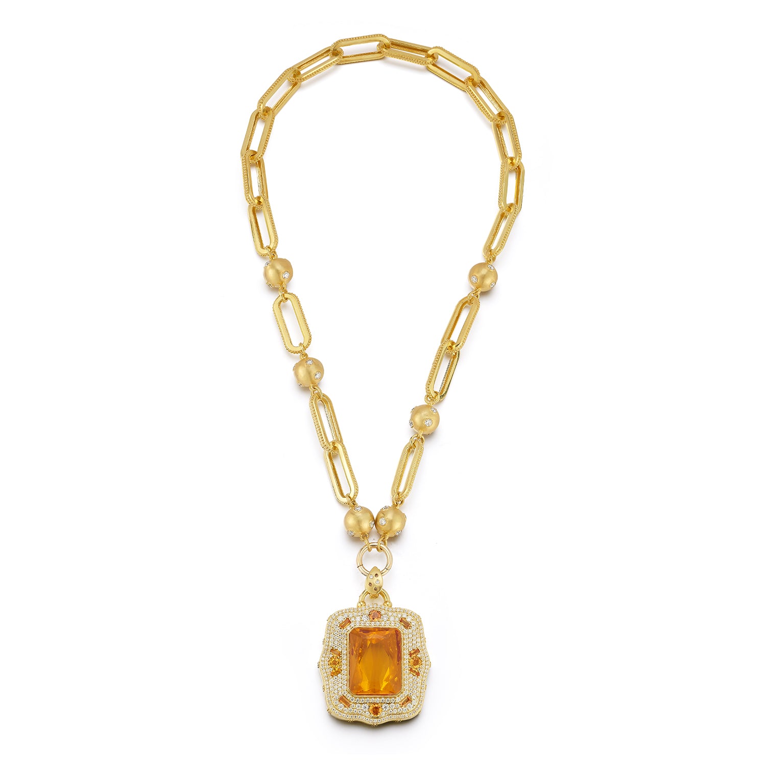 Large Rectangular Link & Diamond Ball Necklace
