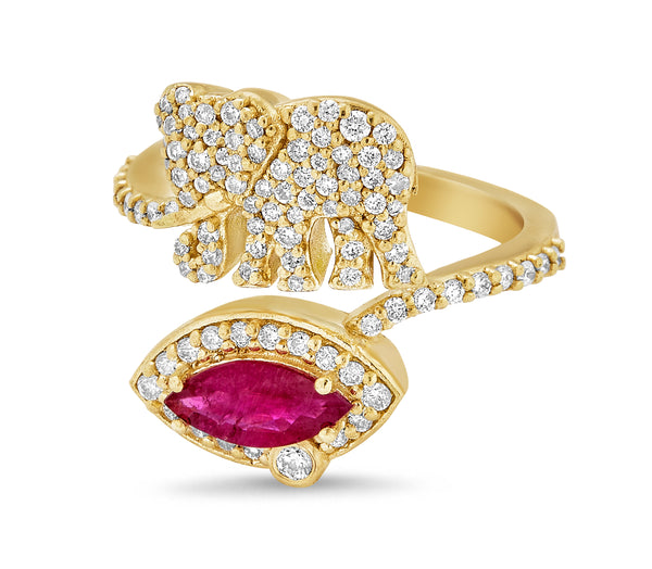 Tree of Life Elephant Ring with Diamonds & Ruby