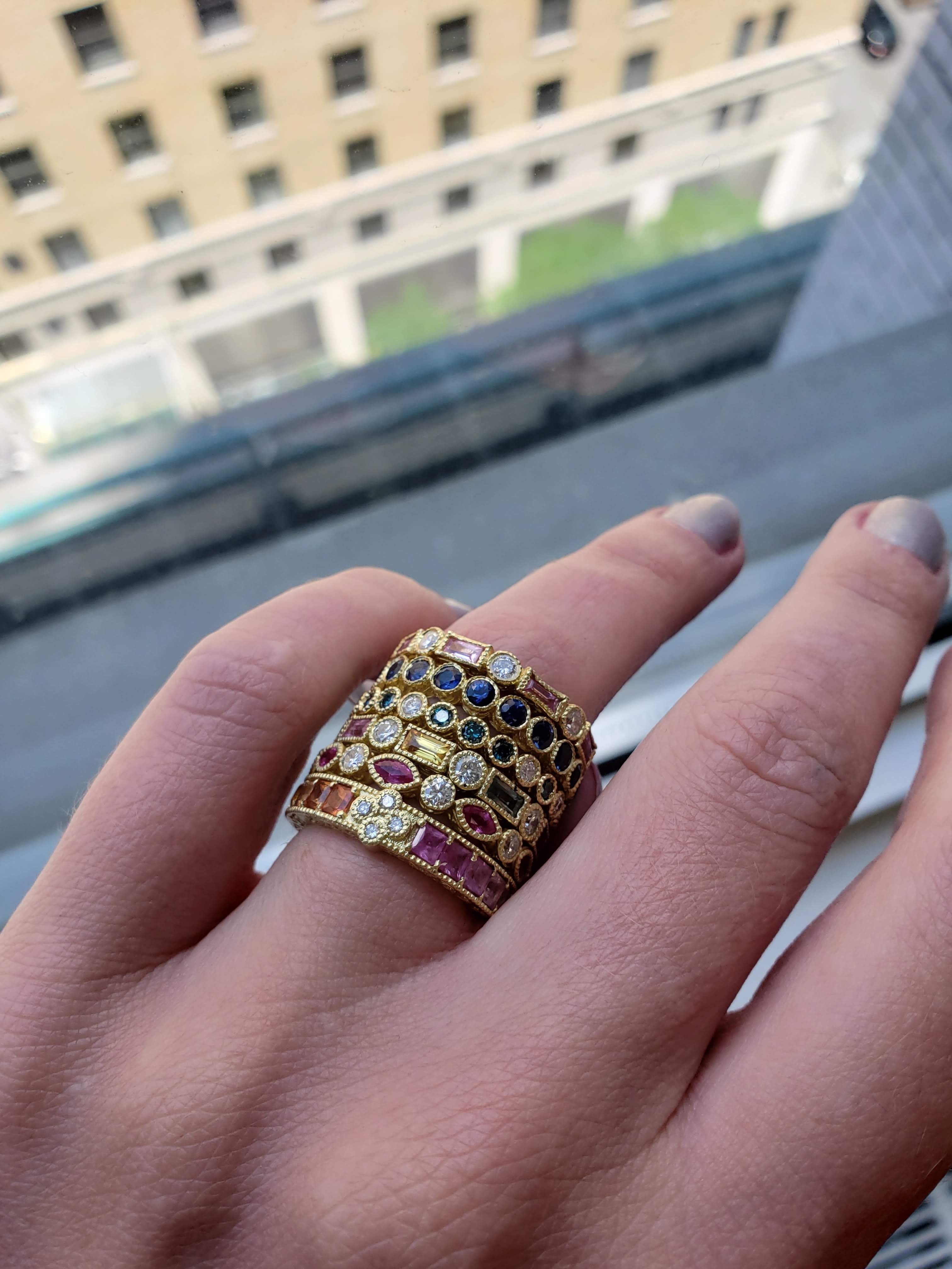Rainbow Sapphire & Diamond Cluster Stack Ring
