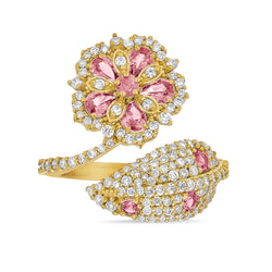 Pink Sapphire Flower & Diamond Leaf Wrap Ring