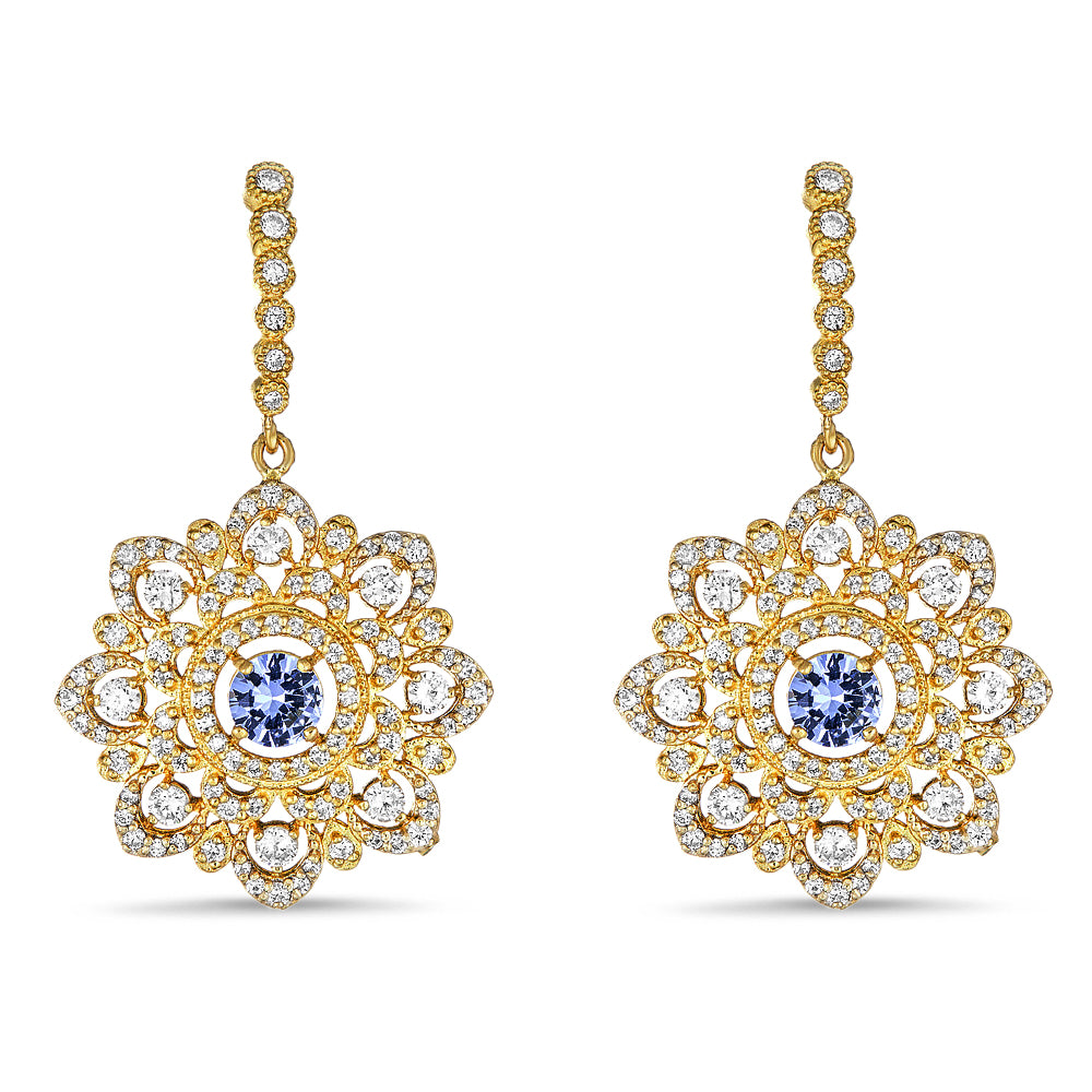 Round Lattice Earrings with Diamonds & Blue Sapphires