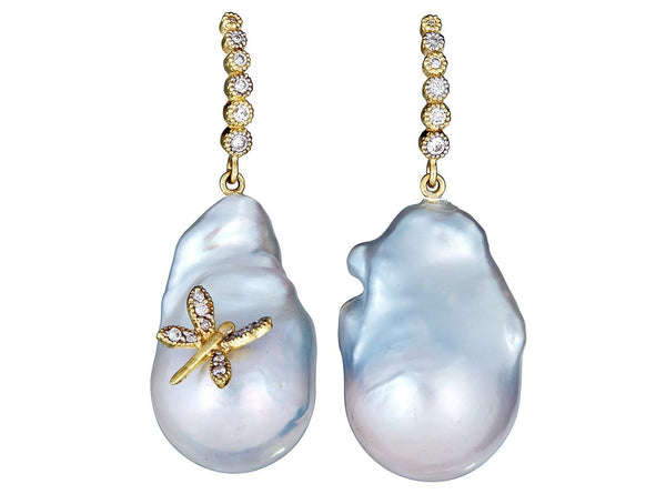 Baroque Pearl Diamond Dragonfly Drop Earrings