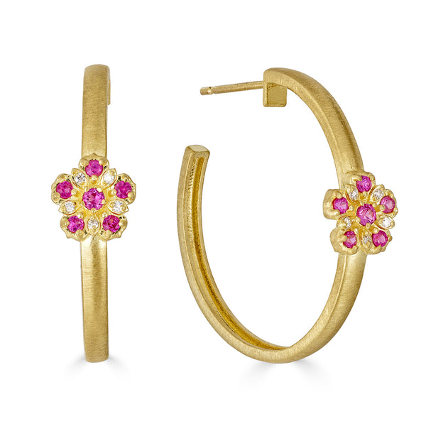 Pink Sapphire & Diamond Flower Station Hoop Earrings