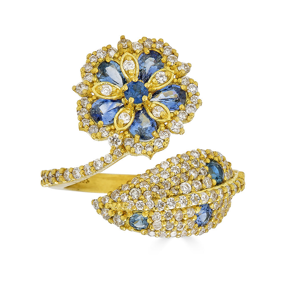 Small Jasmine Bloom Bypass Ring with Ceylon Sapphires & Diamonds