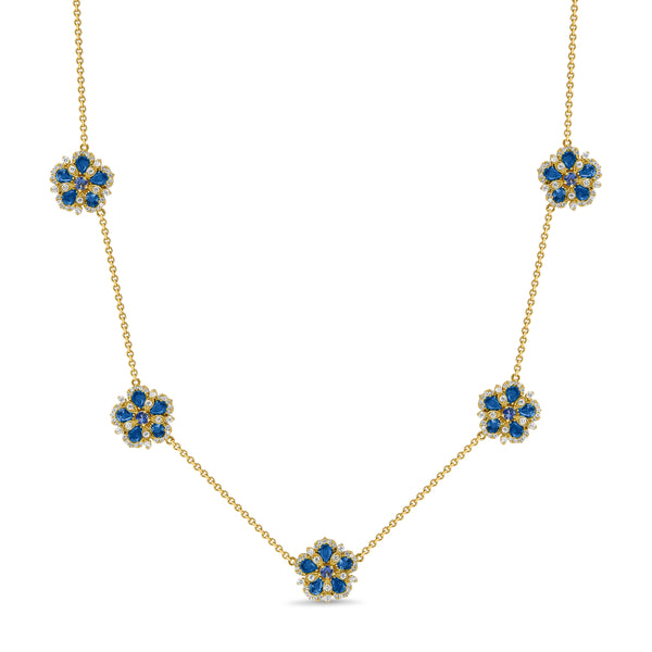 Ceylon Sapphire & White Diamond 5 Flower Station Necklace