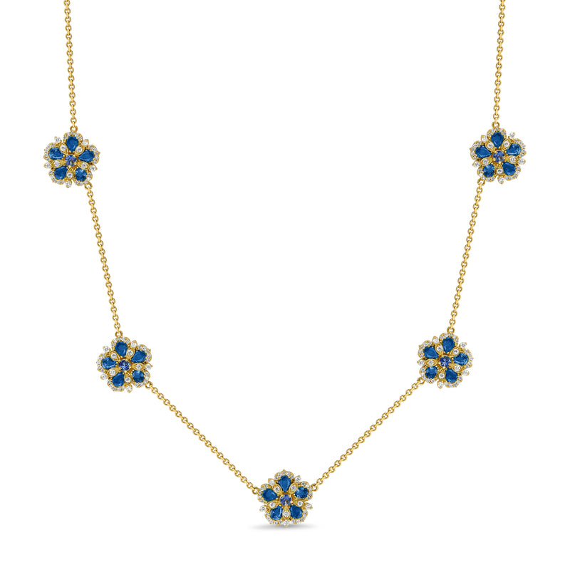Ceylon Sapphire & White Diamond 5 Flower Station Necklace