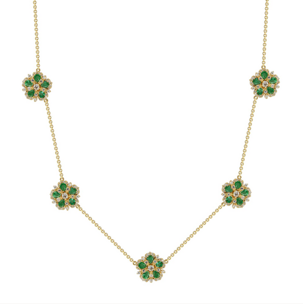Emerald & White Diamond 5 Flower Station Necklace