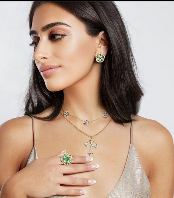 Large Jasmine Bloom Earrings with Emerald & Diamonds