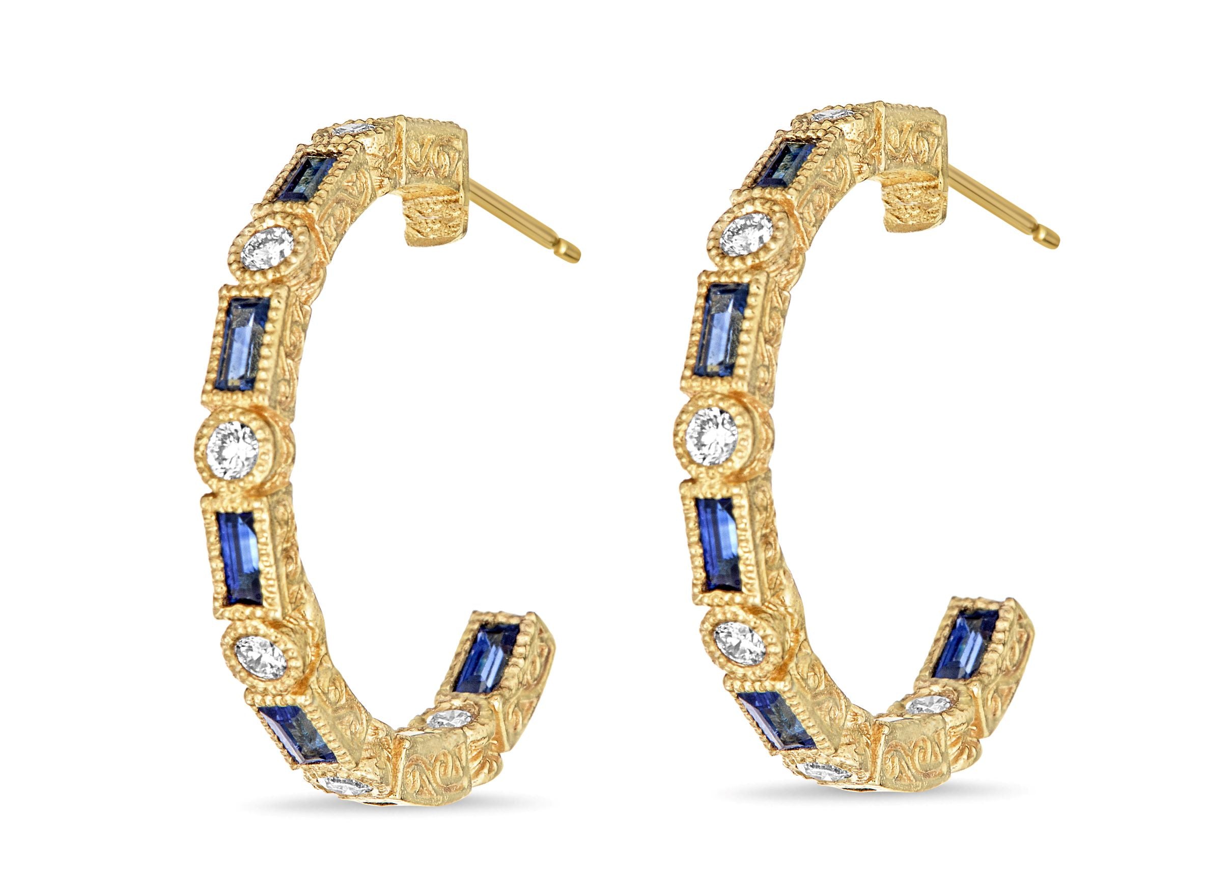 Blue Sapphire Baguette & Diamond Bezel Hoop Earrings