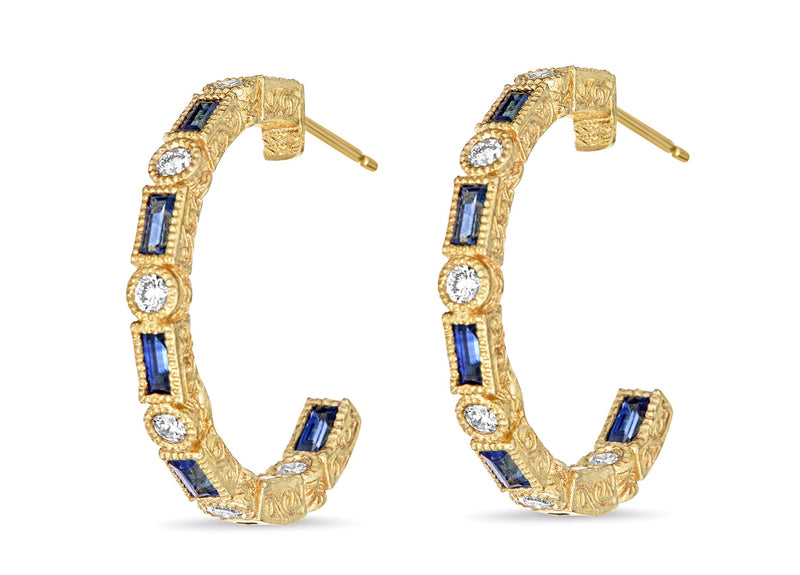 Blue Sapphire Baguette & Diamond Bezel Hoop Earrings