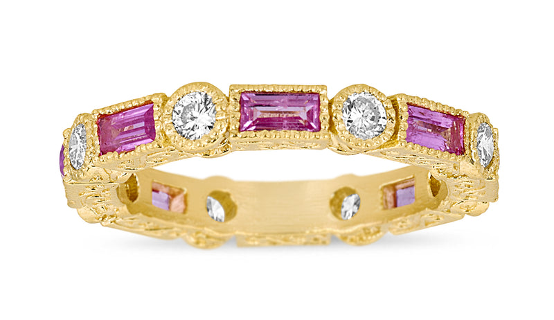 Pink Sapphire Baguette & Diamond Bezel Stack Ring