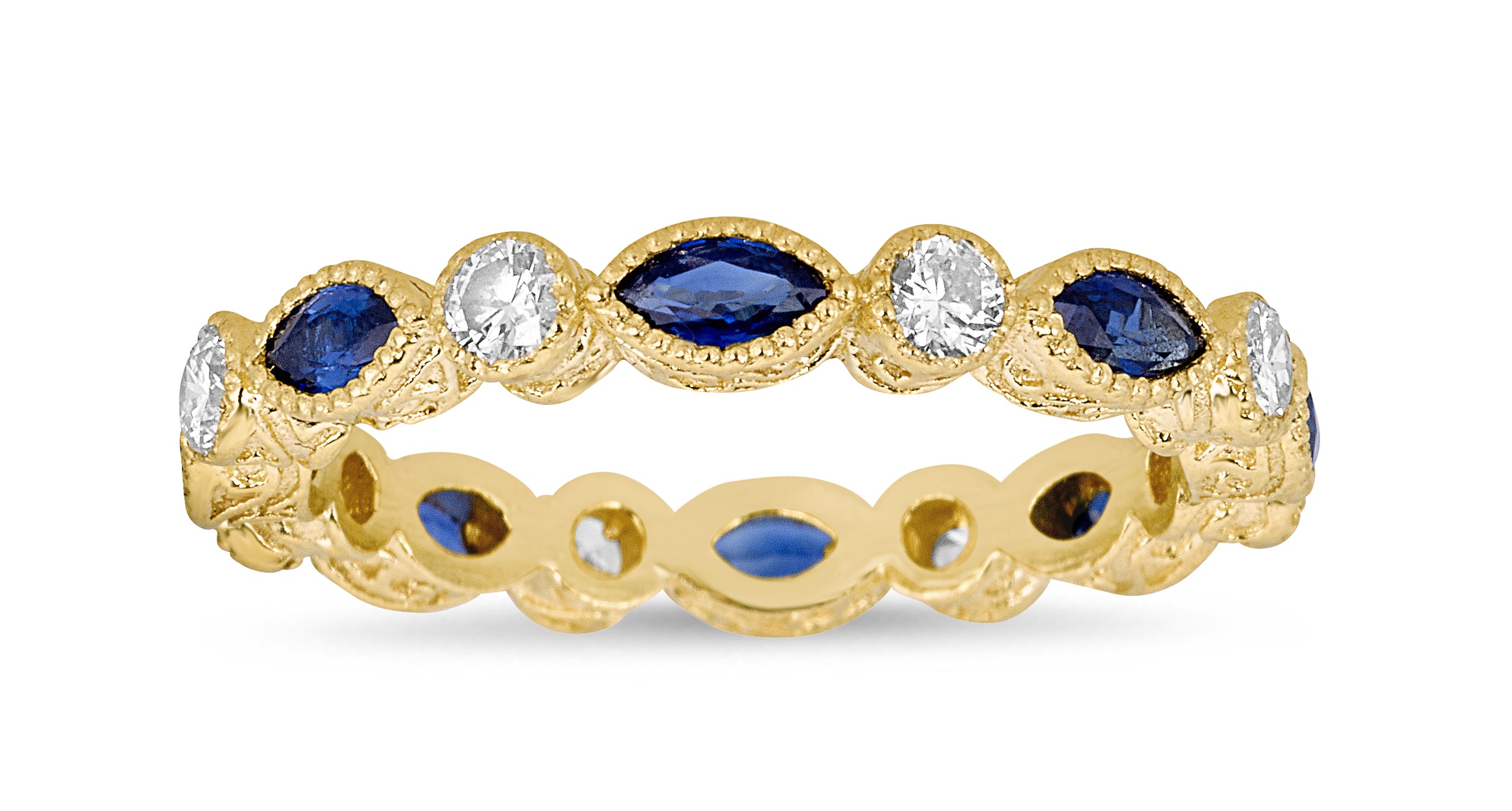 Marquise Blue Sapphire & Round Diamond Bezel Stack Ring