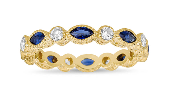 Blue Sapphire Marquise & Diamond Bezel Ring